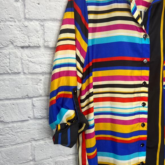 Vintage Mishca Striped Roll Tab Tunic Blouse Swim Cover Up Size L Bright 90s - Picture 5 of 9